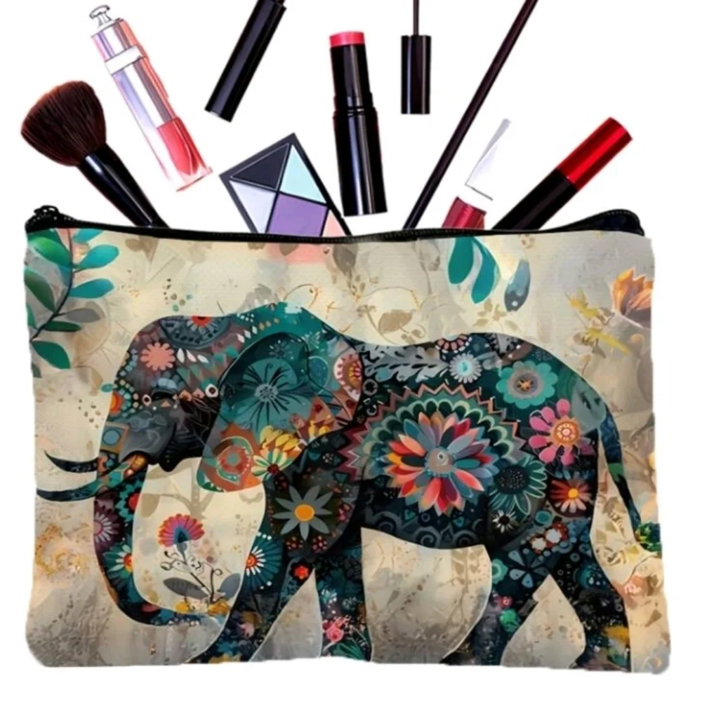 Boho Floral Elephant Print Clutch Zipper Purse Pouch